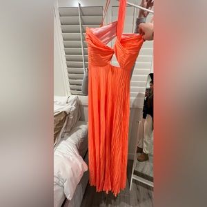 A.L.C. Nessa one shoulder cut out knotted Satin Pleated Dress- tangerine orange